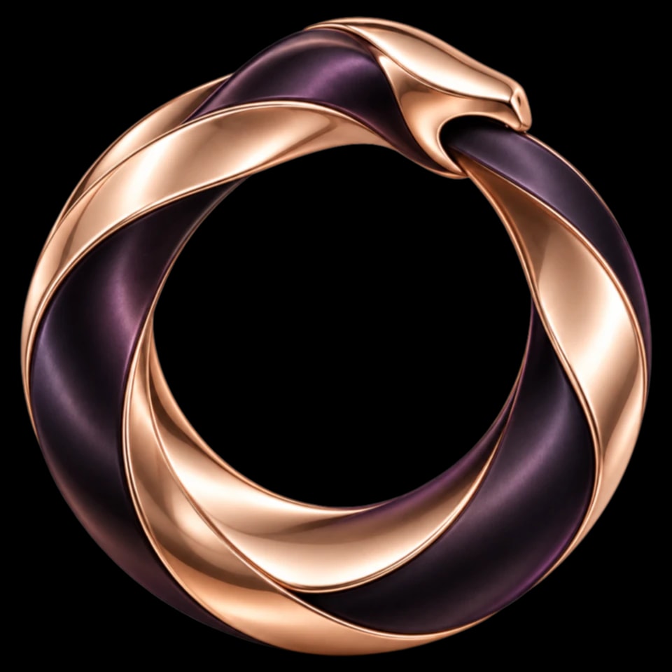The OUROBURN ouroboros: a twisted rose-gold and plum ring